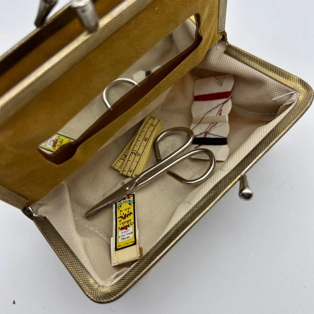 Vintage Travel Vanity Sewing Kit Canvas Green Red Web Stripe Kiss Lock Gold Tone